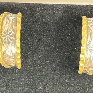 Vintage Taxco Sterling Silver Two Tone Stamped Flower Hoop Earrings